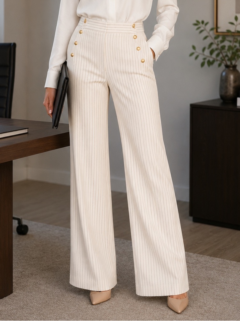 Ann Taylor Women's Cream Pinstripe Wide-Leg Pants with Gold Buttons